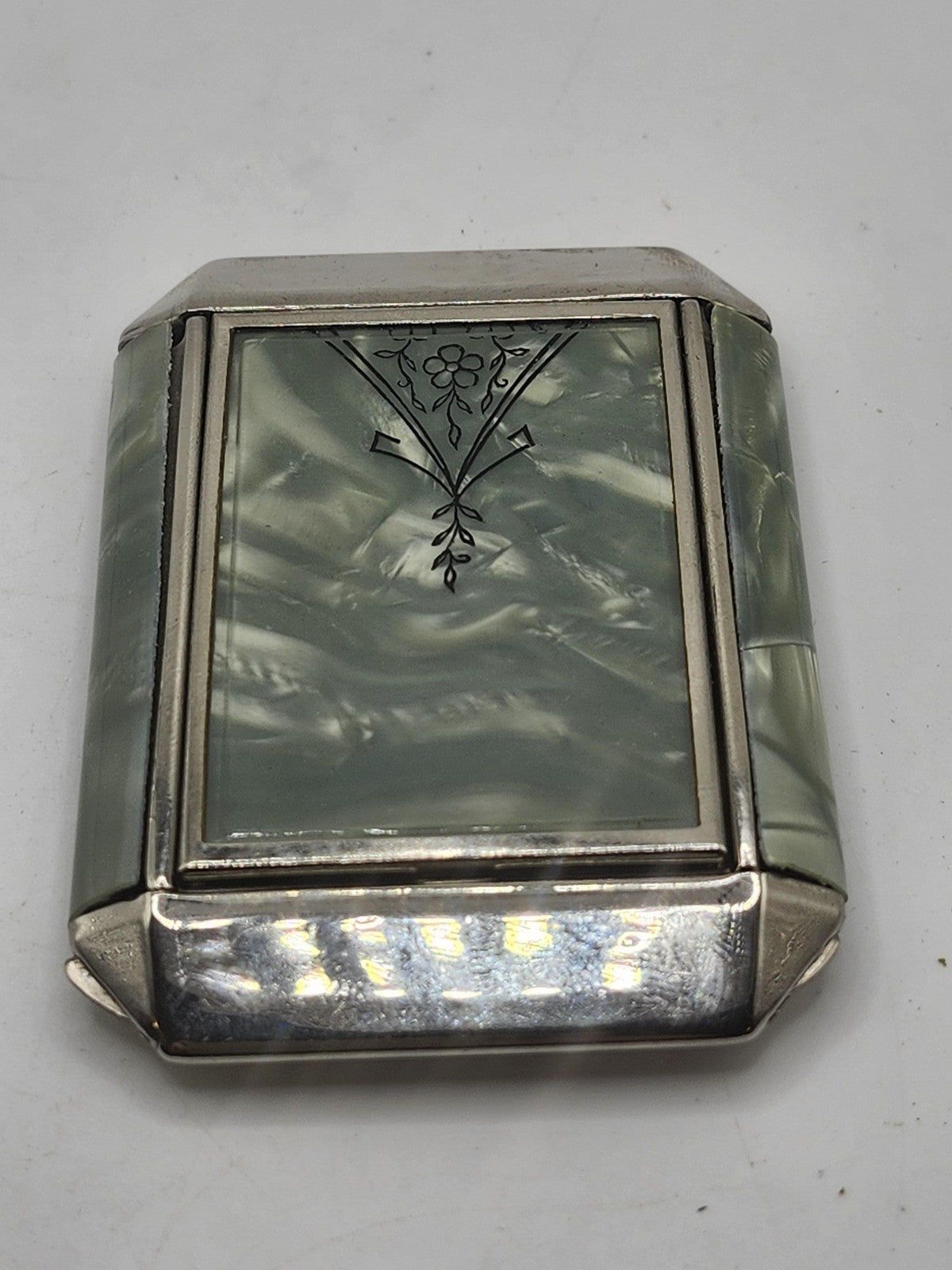 Vintage Zell Green Marbled Compact Face Powder Rouge Mirror Art Deco Case Vanity