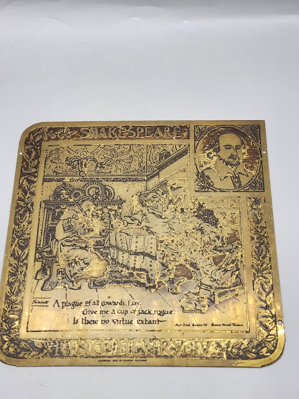 Vintage 1903 Shakespeare Henry IV Falstaff Brass Gold Plaque George Routledge