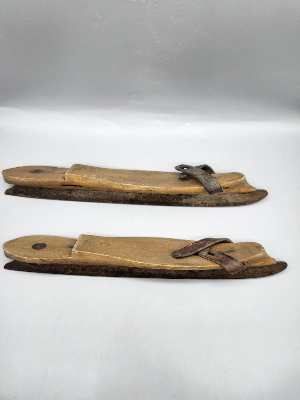 Vintage Wooden Ice Skates Adjustable Brown Leather Strap On Blades Rustic