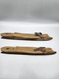 Vintage Wooden Ice Skates Adjustable Brown Leather Strap On Blades Rustic
