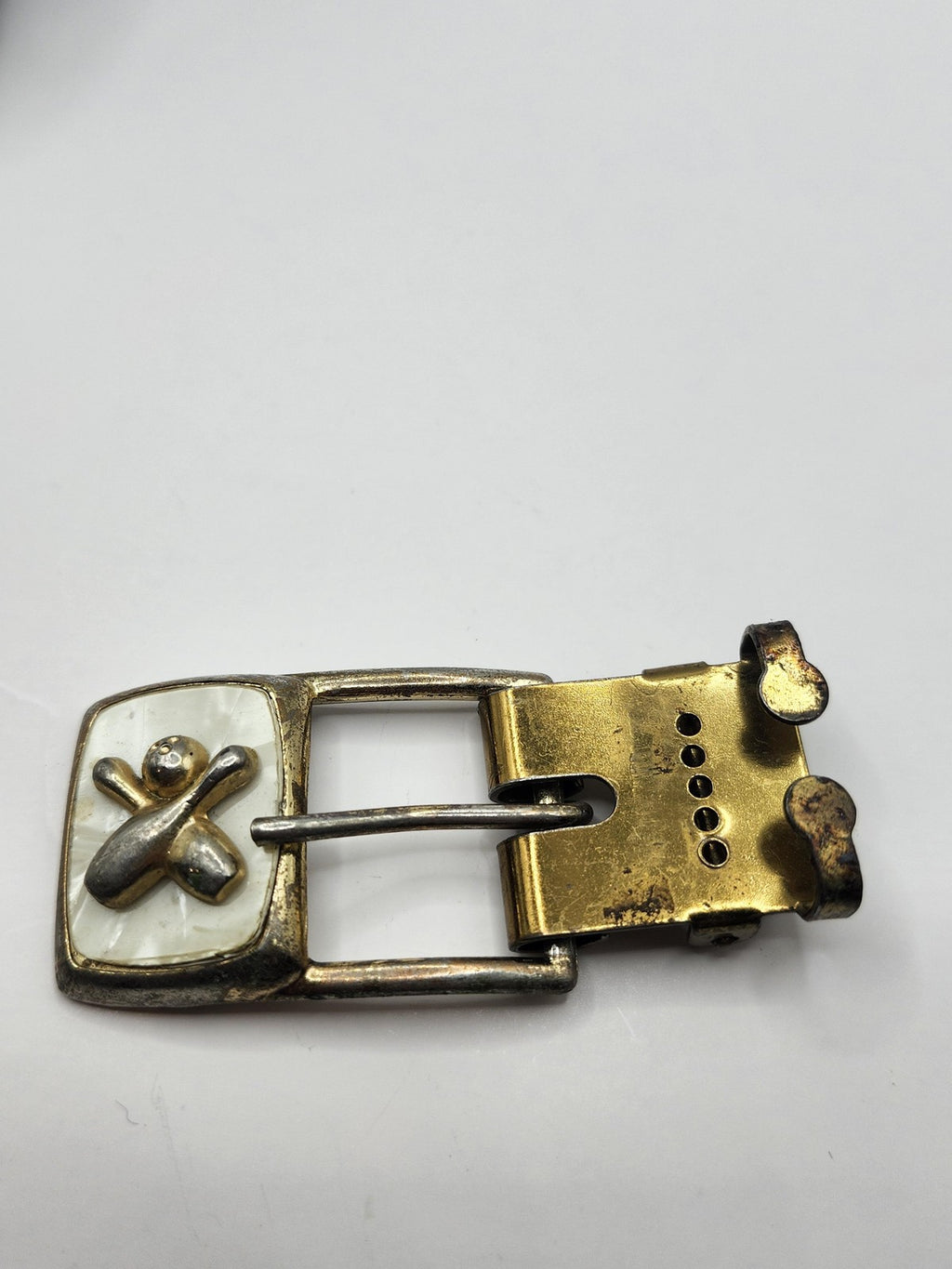 Vintage Gold Brass Medallion Belt Buckle Mens Rectangular White Inlay Western