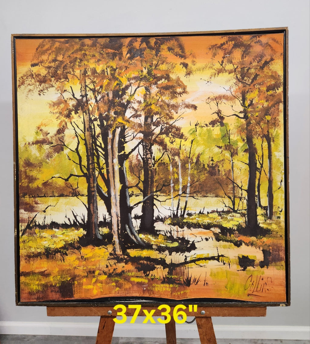 Vintage Mid Century Modern Landscape Painting Signed Oil/Acrylic on Canvas 37x36