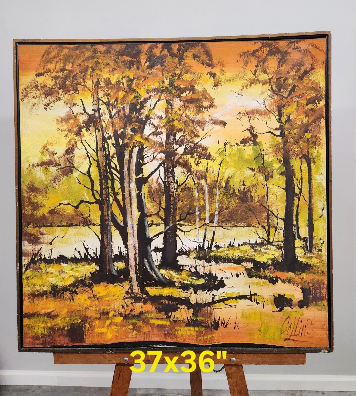 Vintage Mid Century Modern Landscape Painting Signed Oil/Acrylic on Canvas 37x36