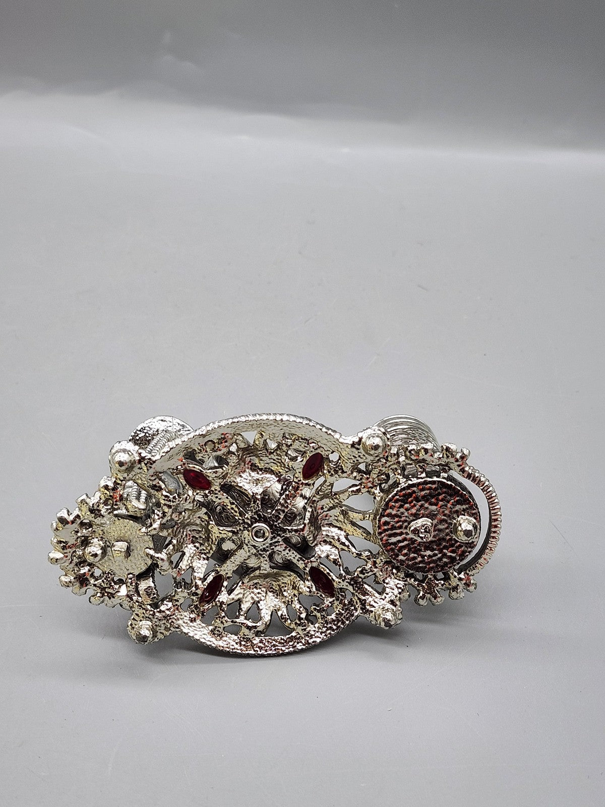 Vintage SF Lady Lipstick Holder Ring Stand Silver Tone Red Rhinestone Vanity USA