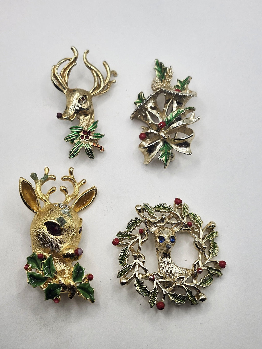 Christmas Reindeer Brooch Pin Lot Gold Tone Enamel Rhinestone Holiday Jewelry