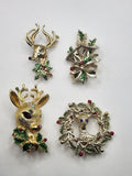 Christmas Reindeer Brooch Pin Lot Gold Tone Enamel Rhinestone Holiday Jewelry