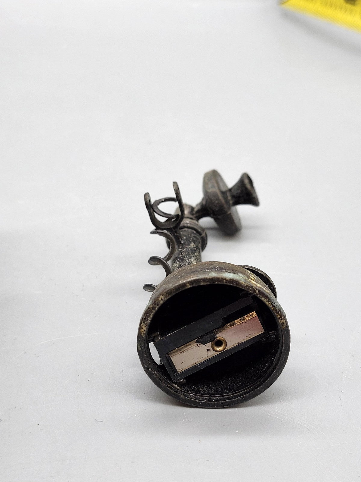 Vintage Candlestick Telephone Pencil Sharpener Small Brass Brown Desk Decor
