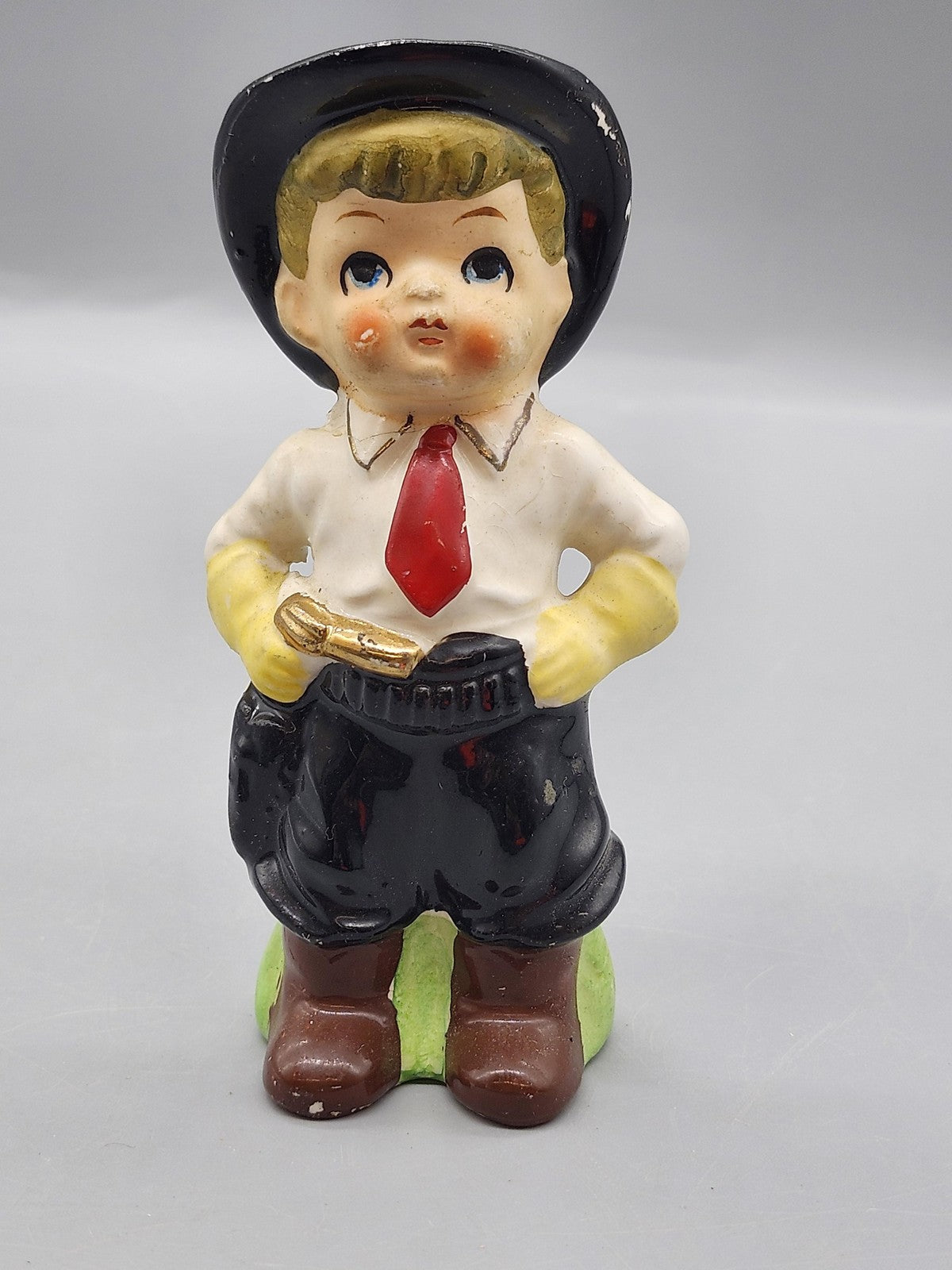 Vintage Cowboy Boy Salt Shaker Figurine Ceramic Black Hat Red Tie Japan Decor