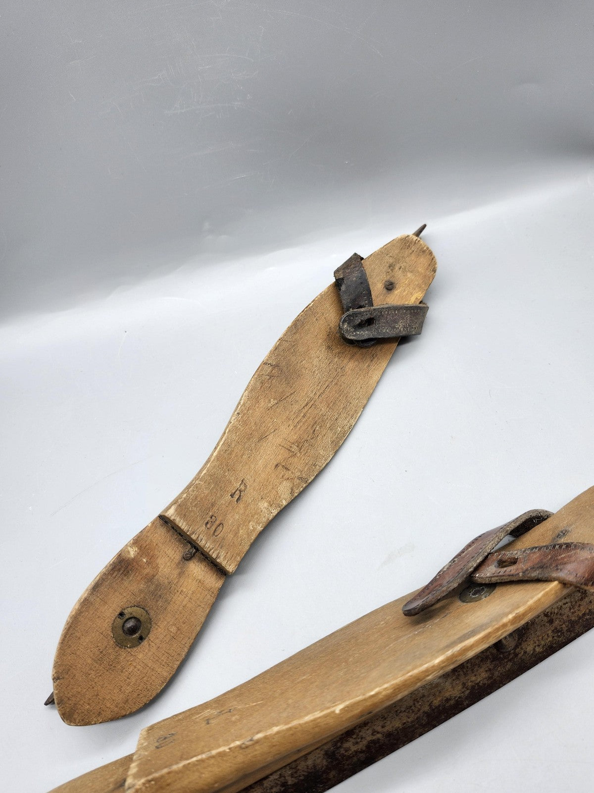 Vintage Wooden Ice Skates Adjustable Brown Leather Strap On Blades Rustic