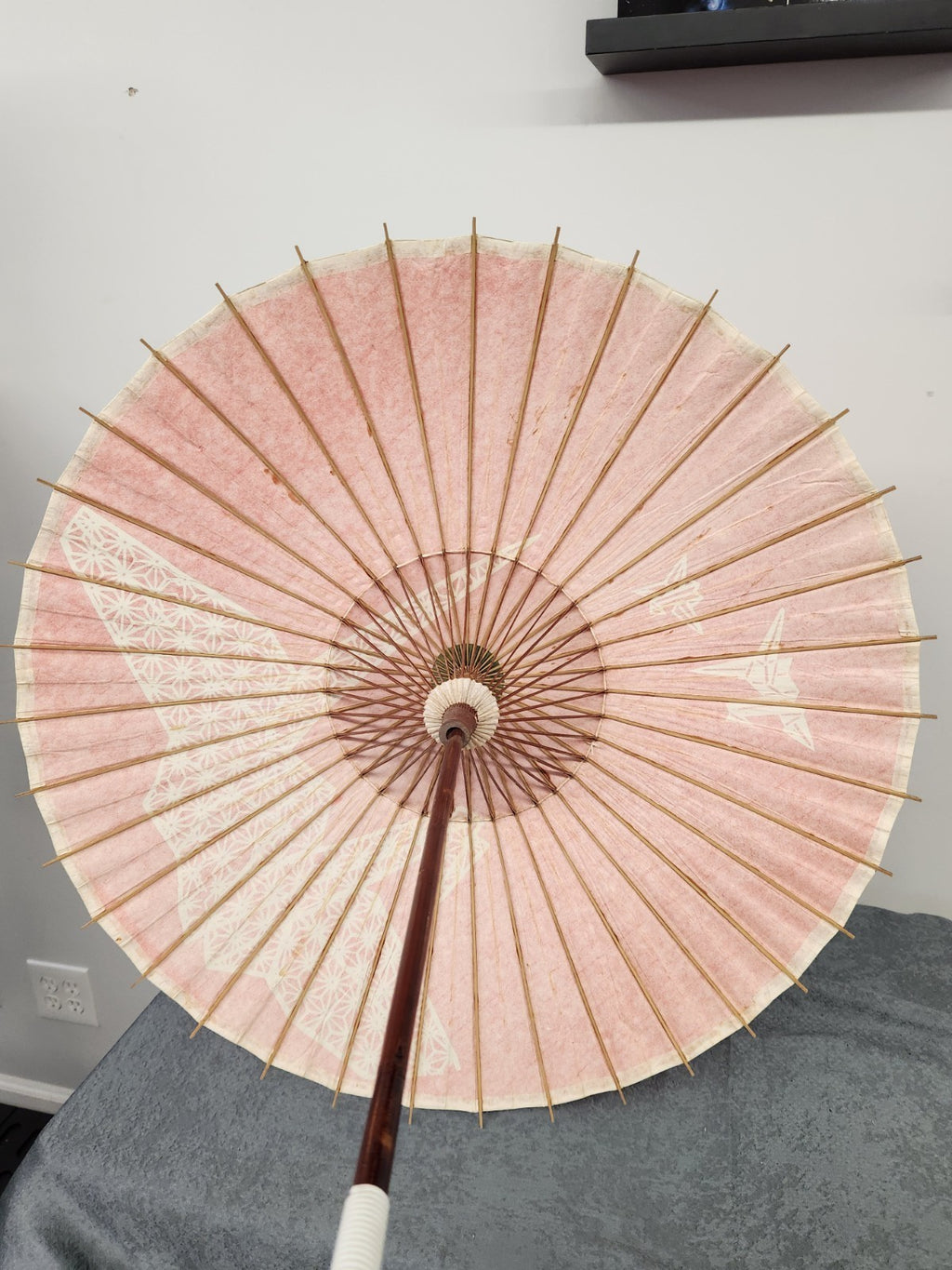Vintage Japanese Red Paper Parasol Umbrella Origami Crane Bamboo Wagasa 32”