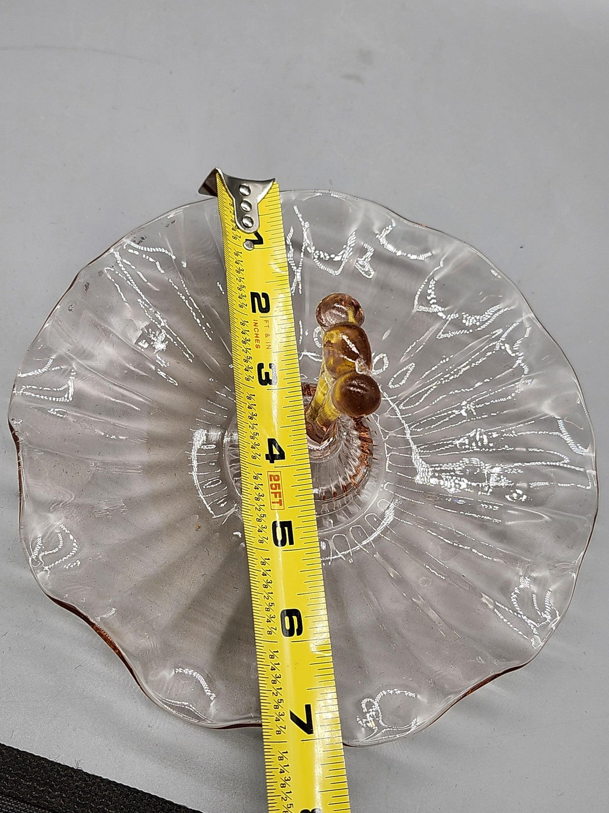 Pink Glass Serving Tray Small Round Handle Scalloped Vintage Retro Decor Plate