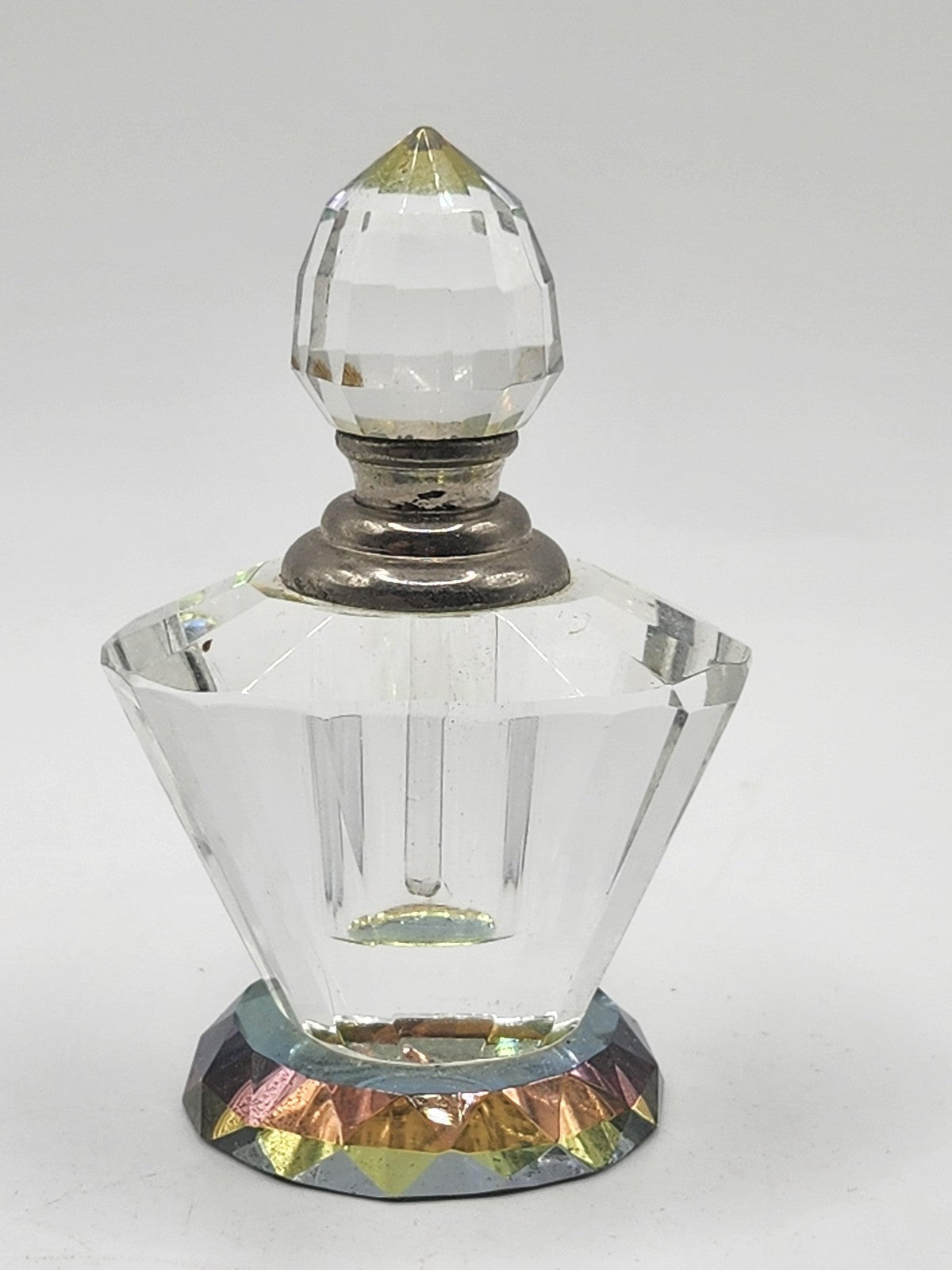 Vintage Crystal Perfume Bottle Faceted Clear Stopper Iridescent Vanity Decor