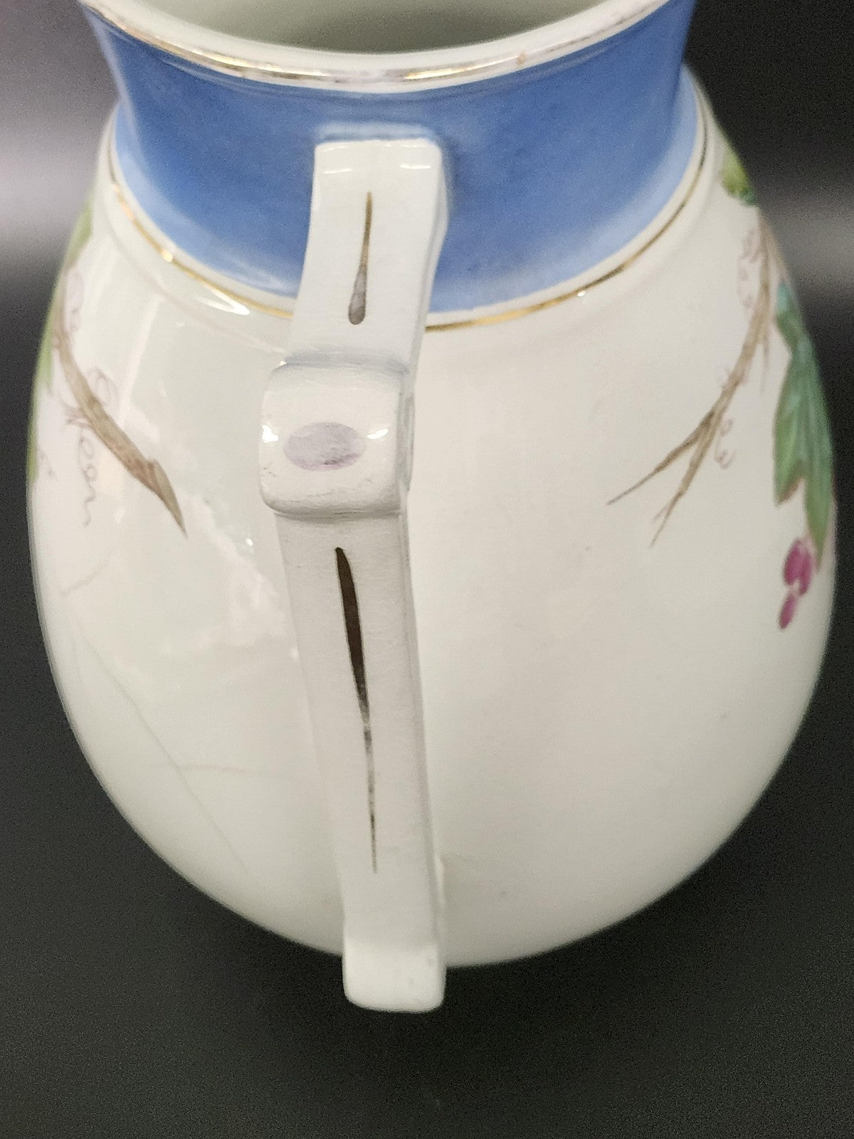 Vintage Wallace & Chetwynd White Ceramic Grape Pitcher Blue Band Pottery Decor