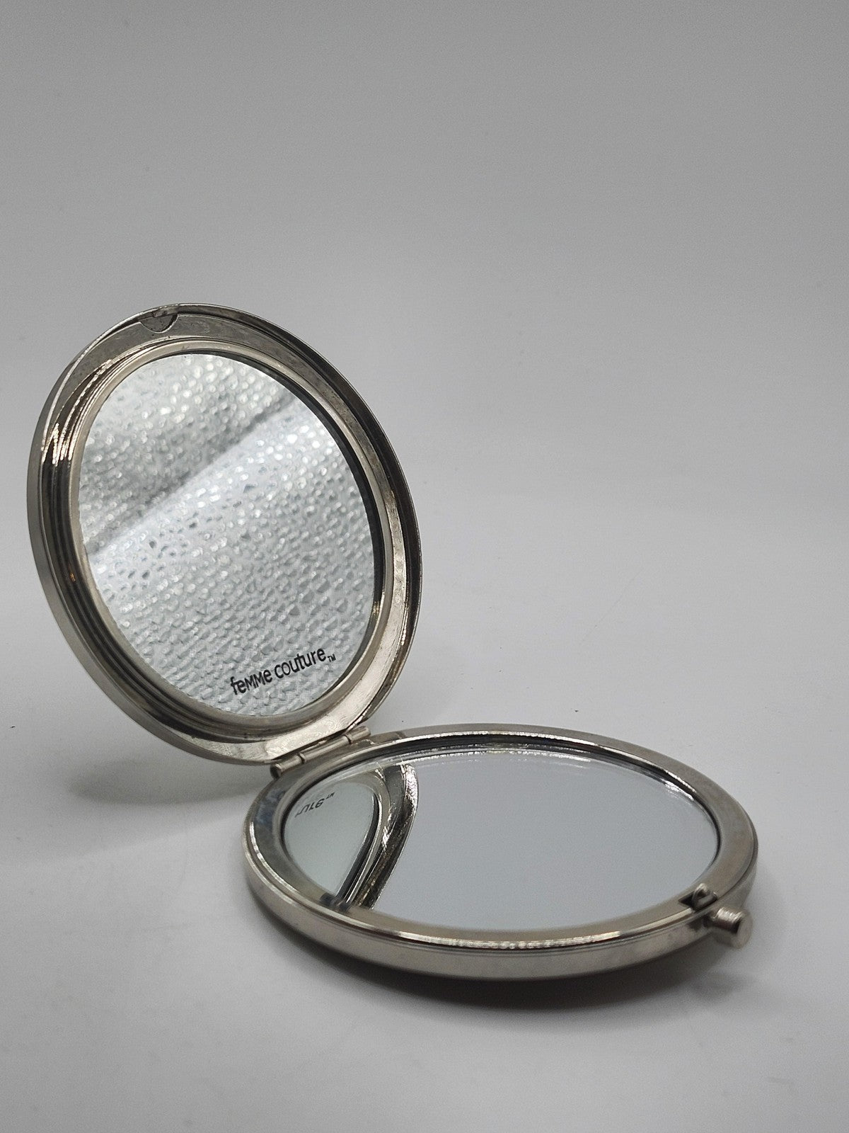 Femme Couture Round Compact Mirror Silver Holographic Dual Sided Portable Makeup