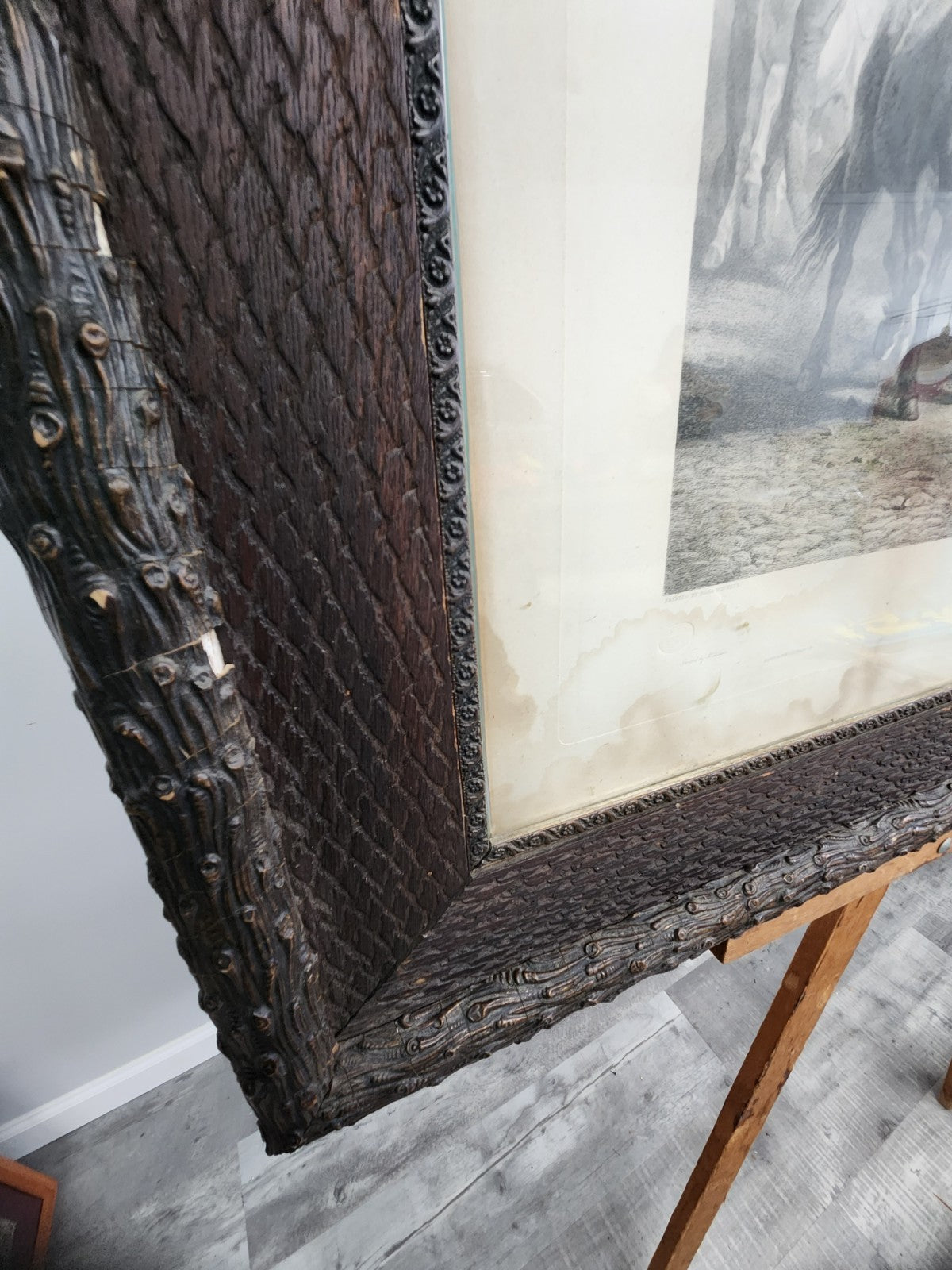 Antique Rosa Bonheur Horse Engraving Print HUGE 50x34 Black Forest Frame C.G....