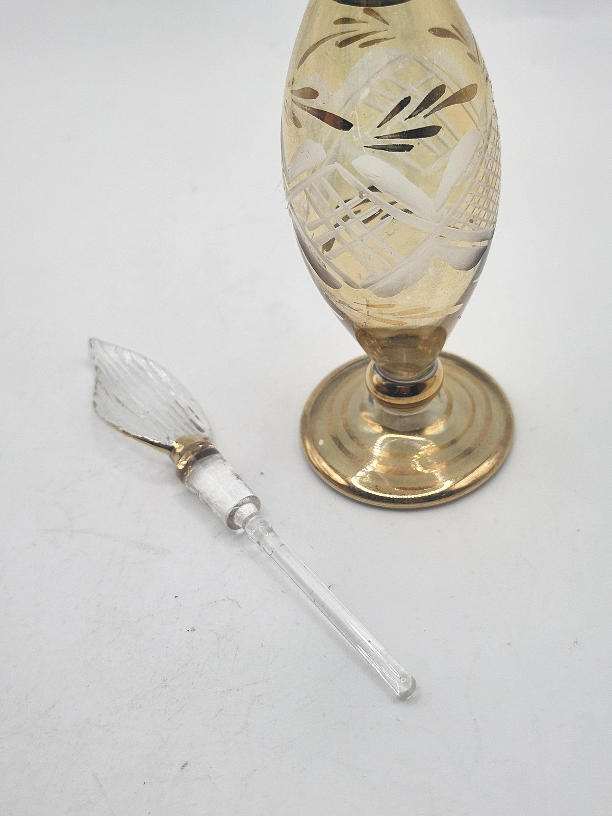Vintage DeVilbiss Glass Perfume Bottle Gold Etched Floral Stopper USA Decor