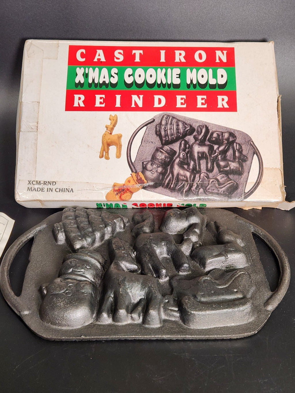 Vintage Cast Iron Christmas Cookie Mold Reindeer Snowman Tree Sleigh With Box