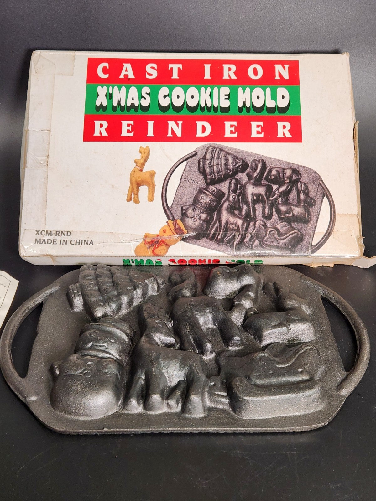 Vintage Cast Iron Christmas Cookie Mold Reindeer Snowman Tree Sleigh With Box