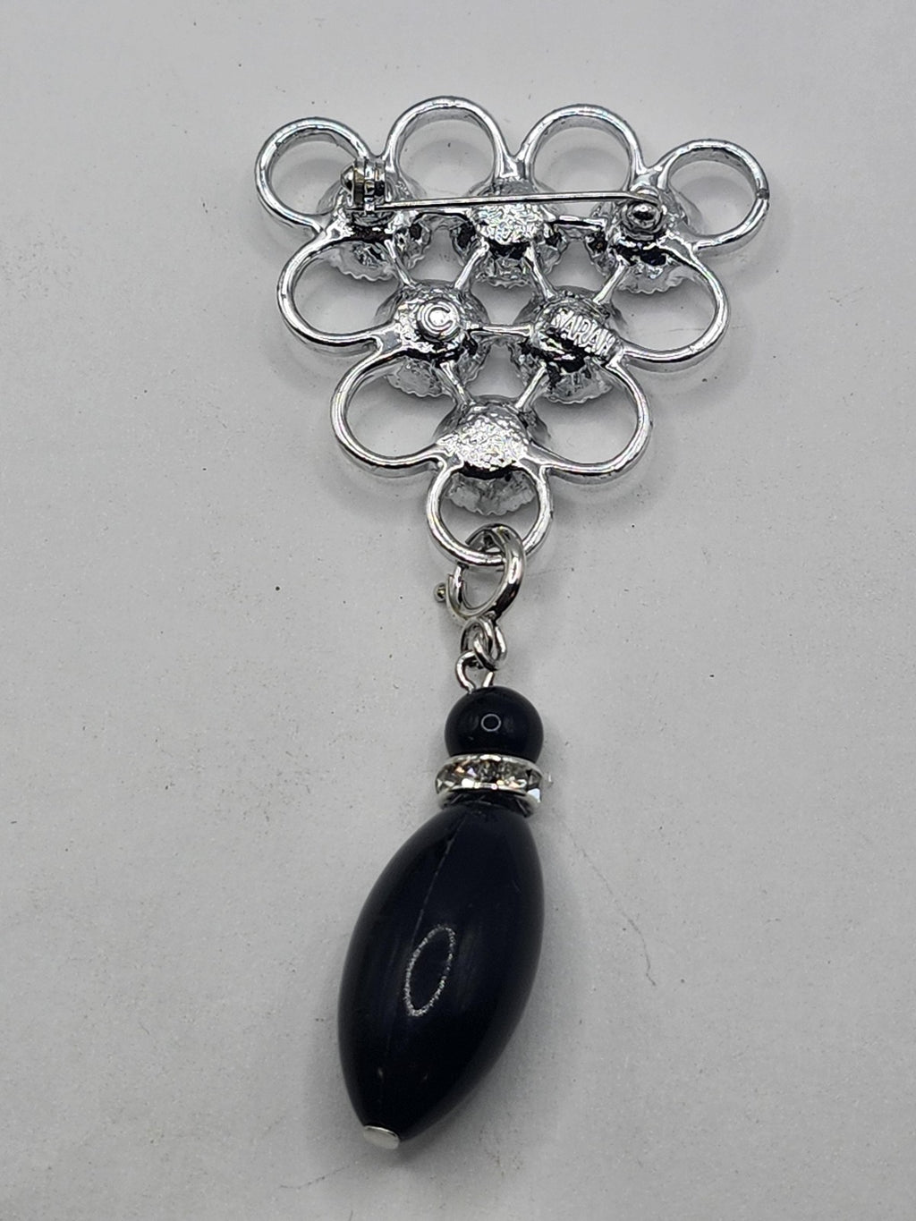Napier Black Flower Brooch Pin Silver Tone Dangle Bead Rhinestone Jewelry Gift