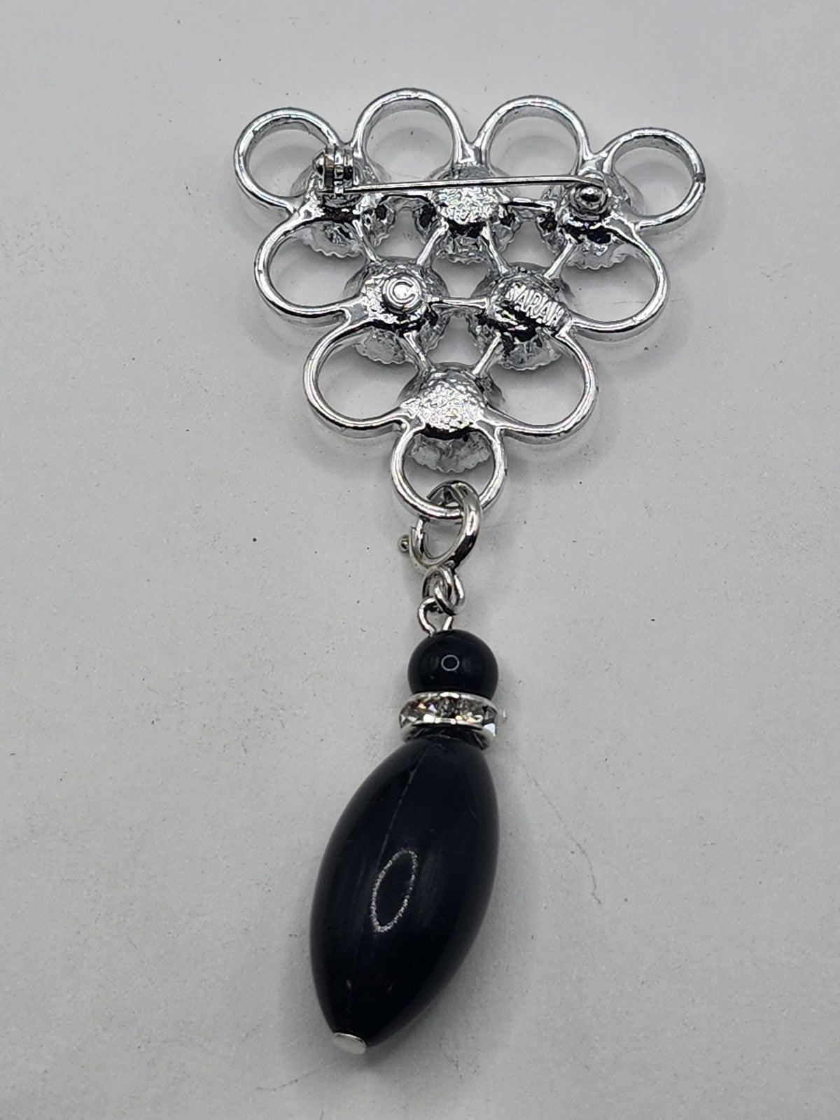 Napier Black Flower Brooch Pin Silver Tone Dangle Bead Rhinestone Jewelry Gift