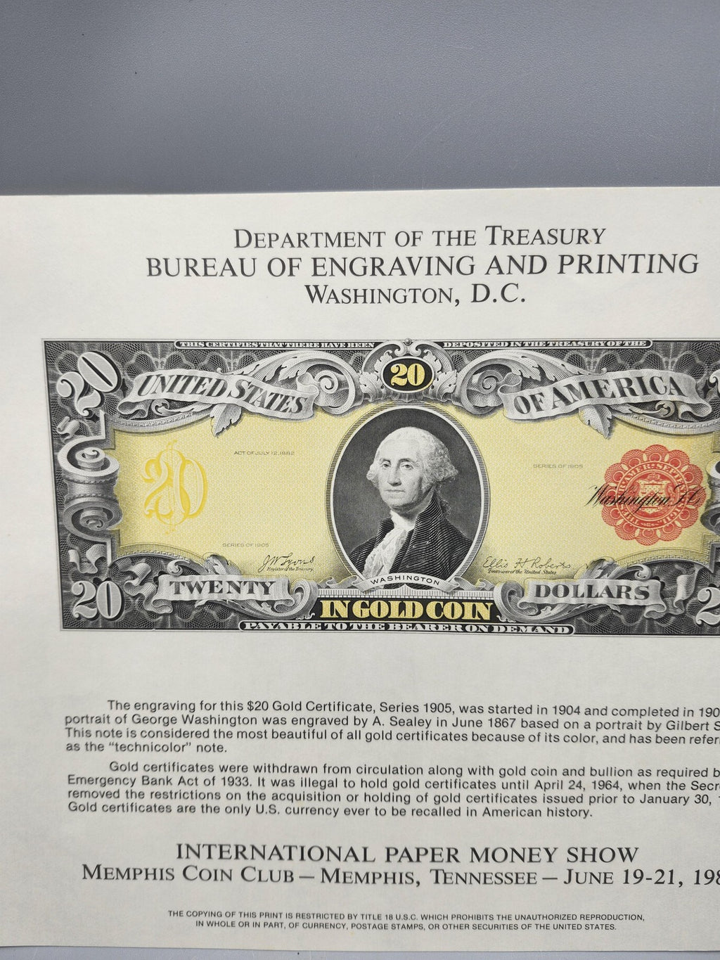 1981 BEP Souvenir Card 1905 $20 Gold Certificate Note Print Memphis Show