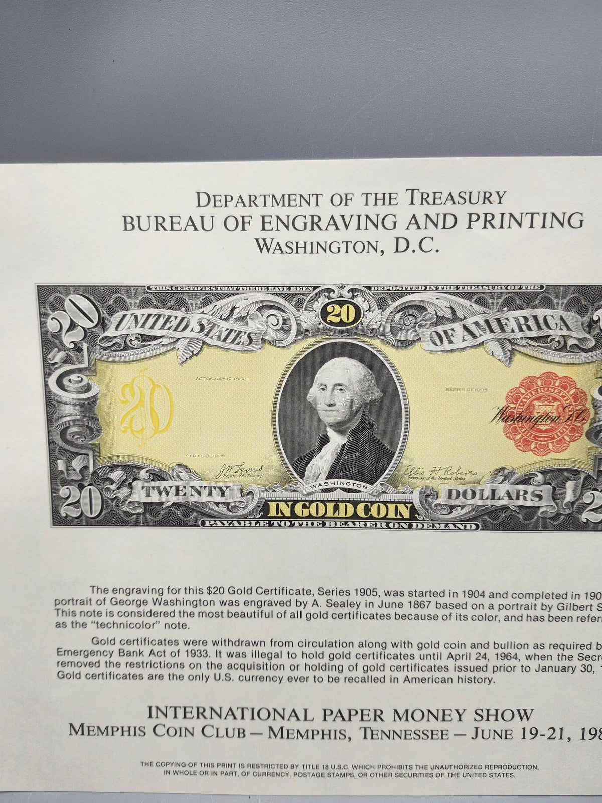 1981 BEP Souvenir Card 1905 $20 Gold Certificate Note Print Memphis Show