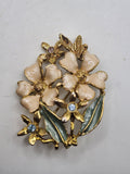Gold Tone Flower Brooch Pin Cream Enamel Green Leaves Blue Rhinestone Jewelry
