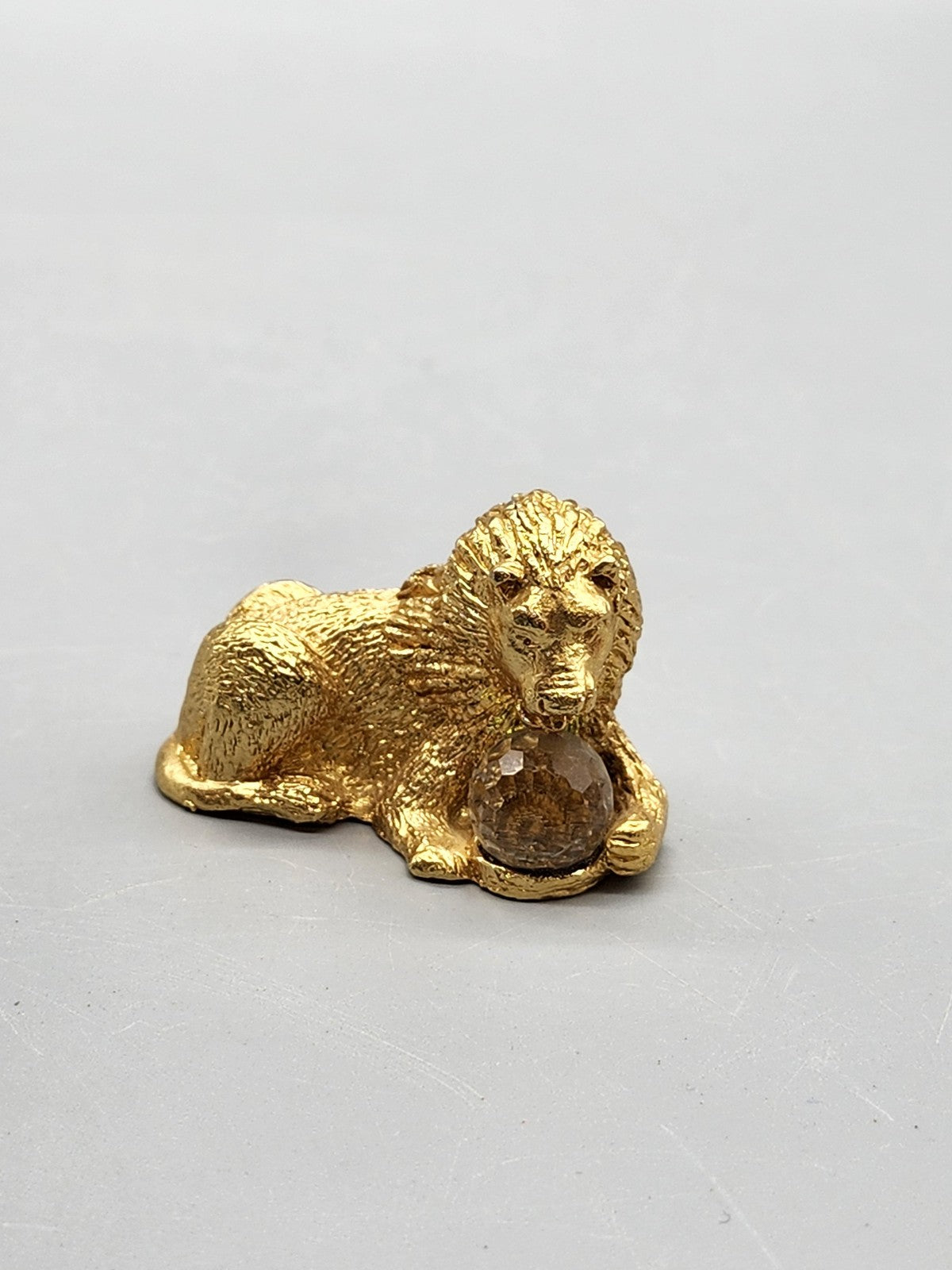 Vintage Lion Figurine Small Gold Tone Crystal Ball Mixed Materials Mini Decor