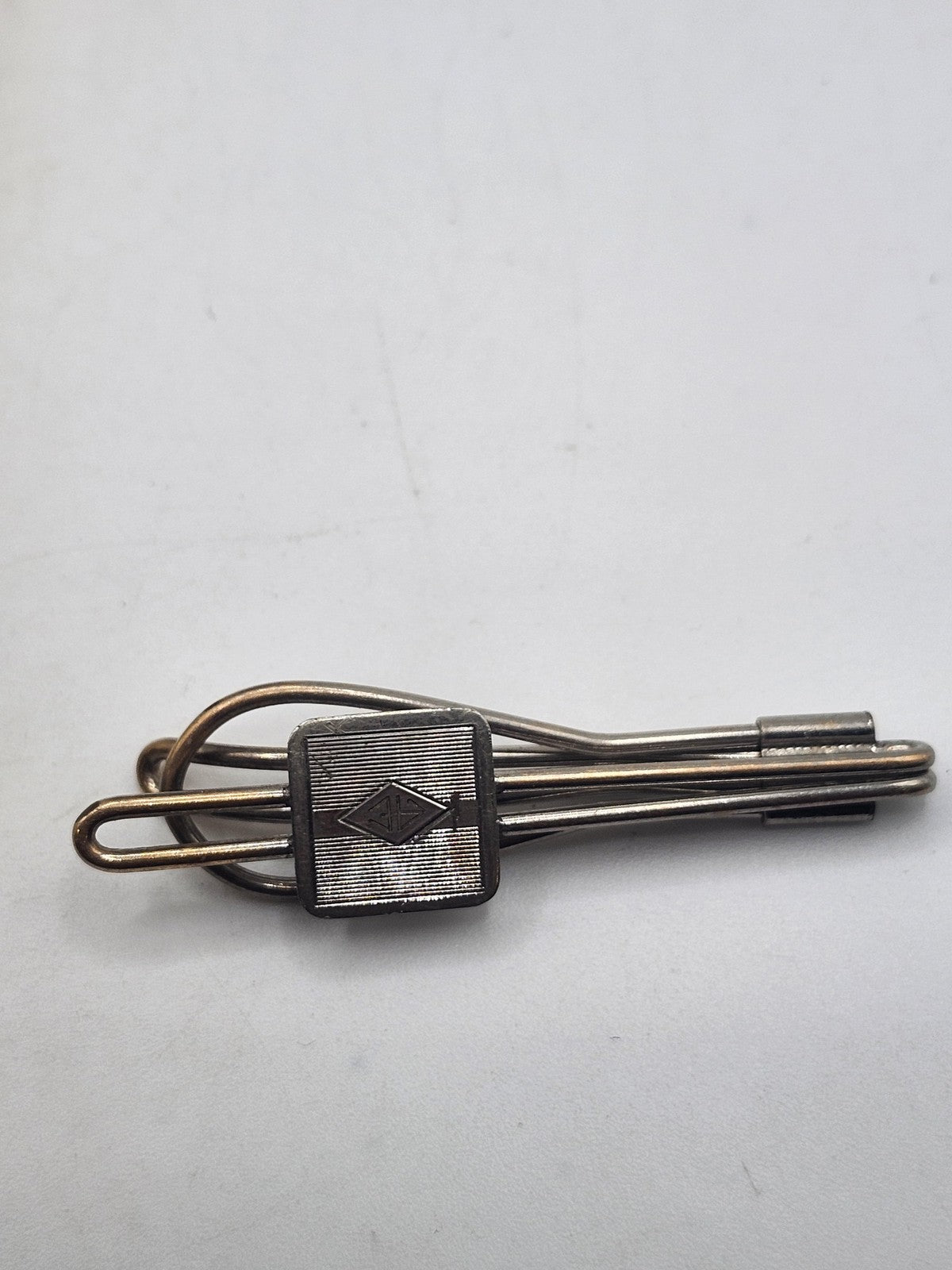 Vintage Silver Tone Tie Clip Men's Engraved Monogram Square Wire Design 2in