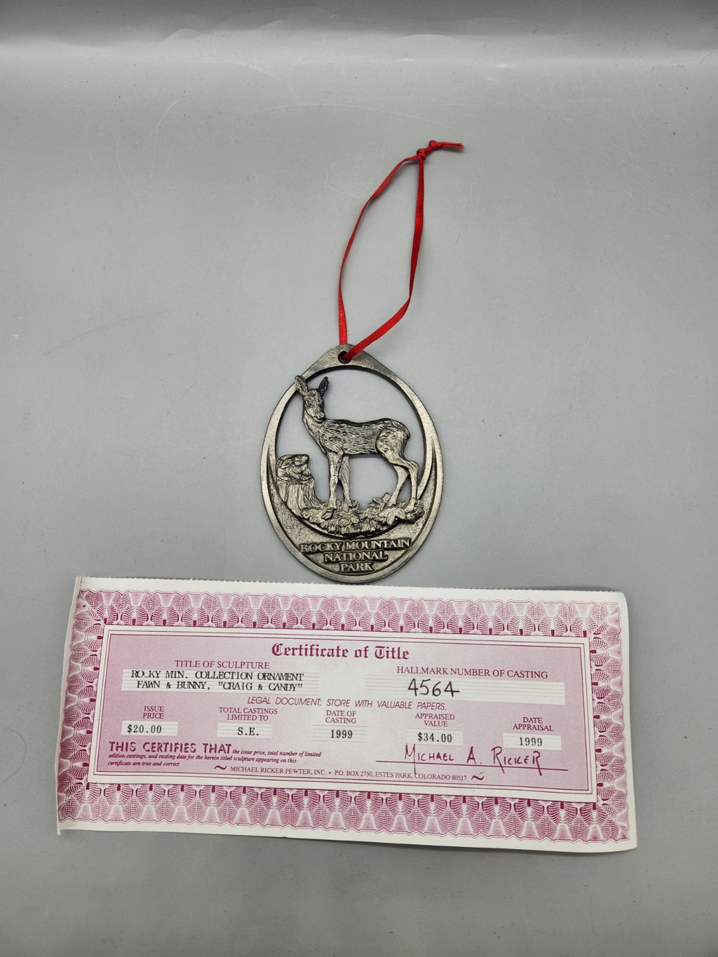 Michael Ricker Pewter Fawn Ornament Rocky Mountain National Park 1999 w/ COA