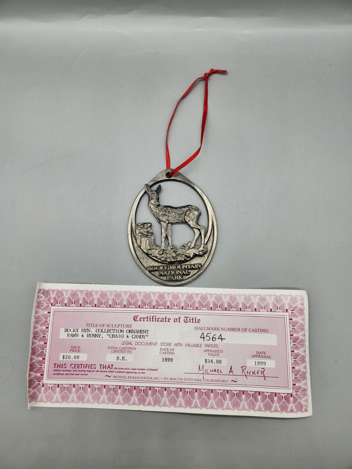 Michael Ricker Pewter Fawn Ornament Rocky Mountain National Park 1999 w/ COA