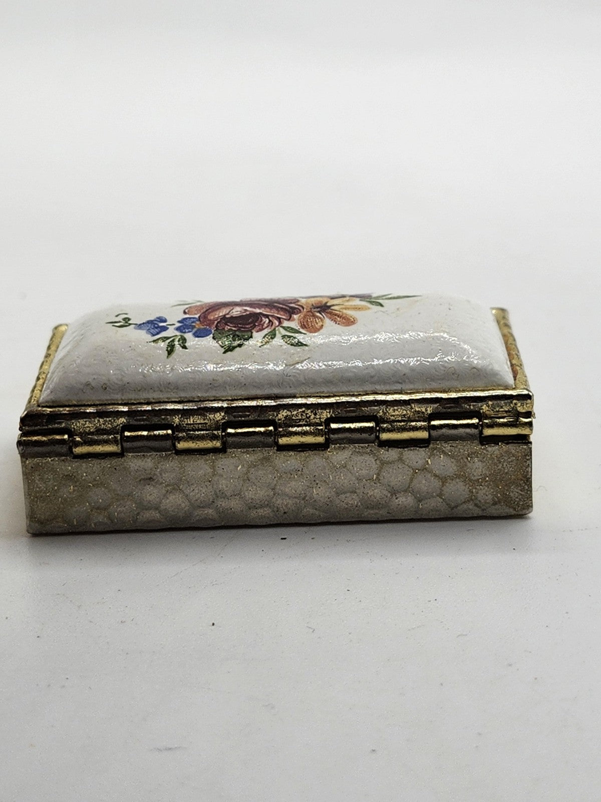 Vintage Rectangular Floral Enamel Trinket Pill Box Gold Tone Metal Small Decor