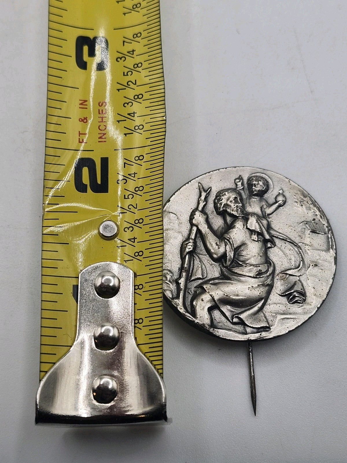 Vintage Saint Christopher Round Pin Silver Tone Religious Medal 1.75 Inch Gift