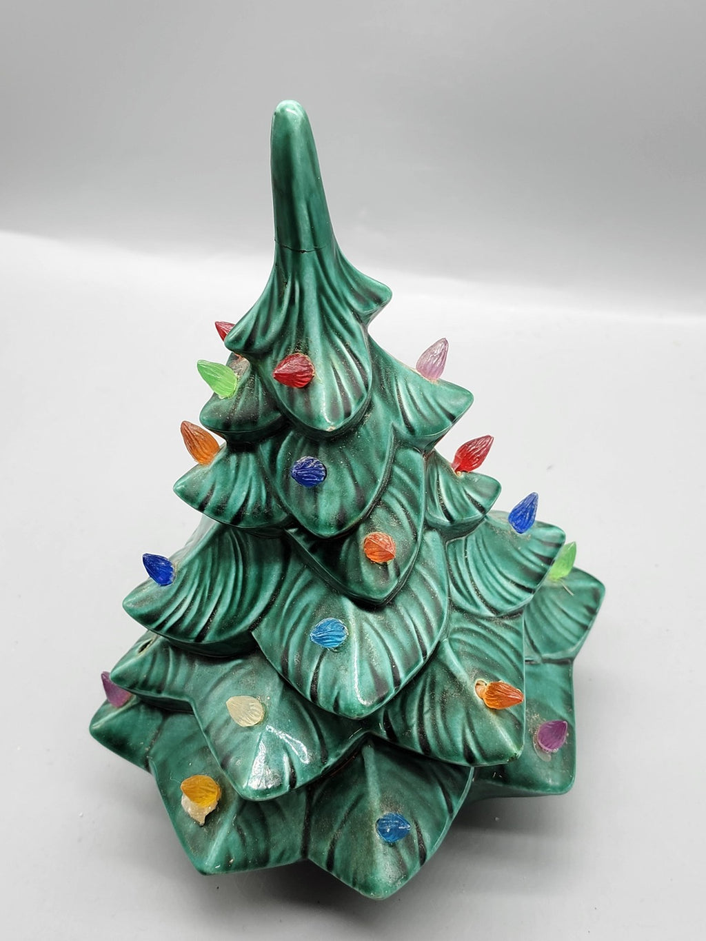 Vintage 1974 GARE Inc Green Ceramic Christmas Tree Figurine Medium Lights Bulbs