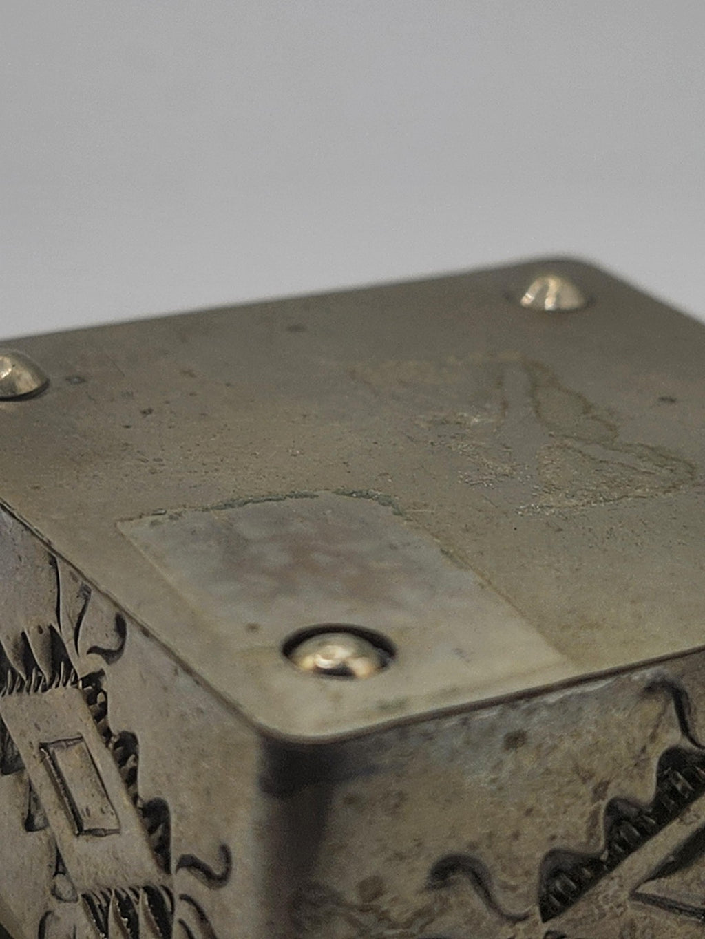 Small Silver Metal Trinket Box Southwestern Geometric Design Hinged Lid Decor