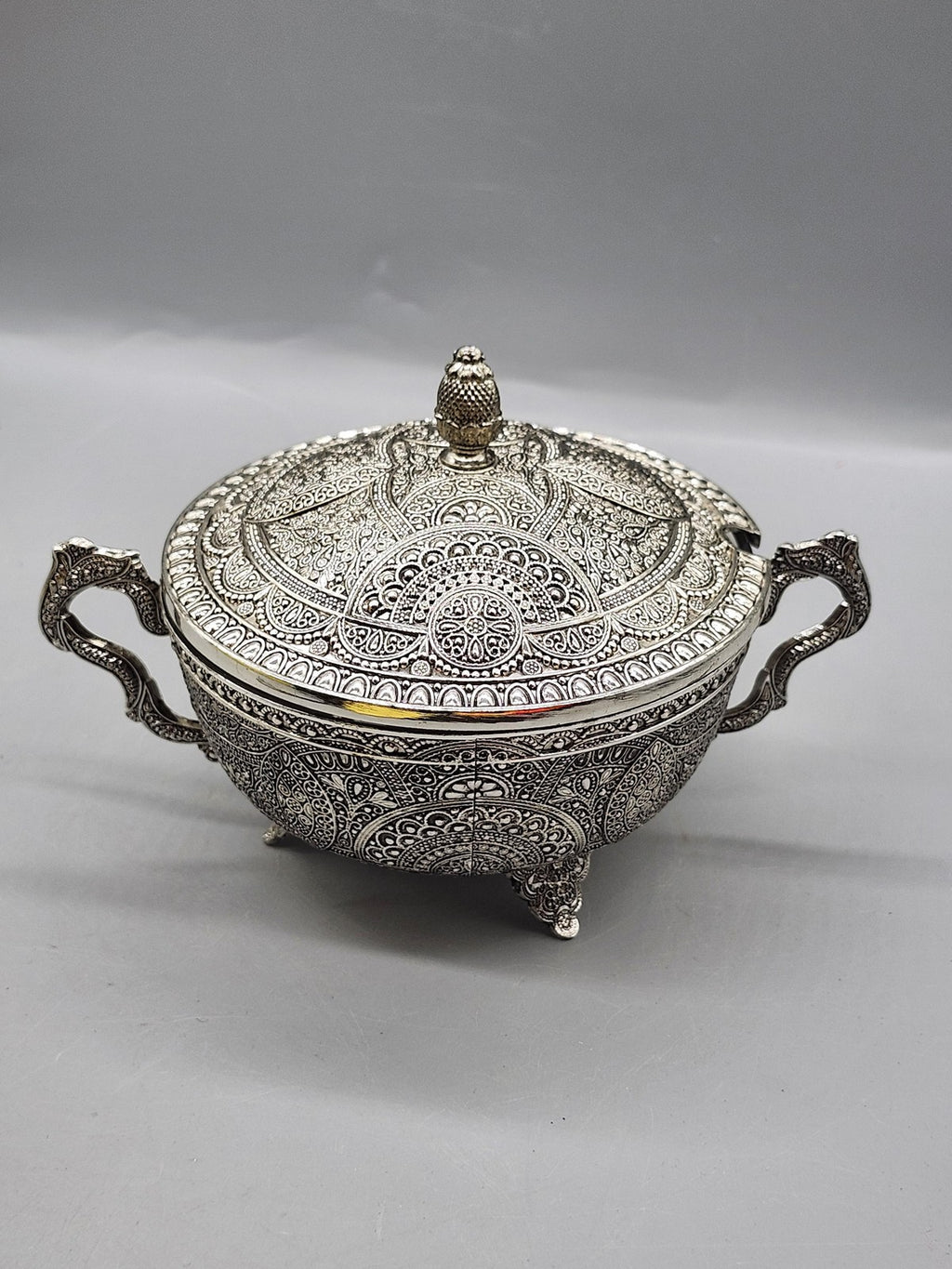 Legacy Silver Ornate Filigree Glass Sugar Bowl Lidded Victorian Table Decor