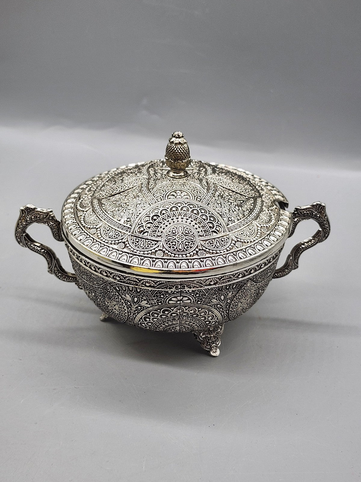 Legacy Silver Ornate Filigree Glass Sugar Bowl Lidded Victorian Table Decor