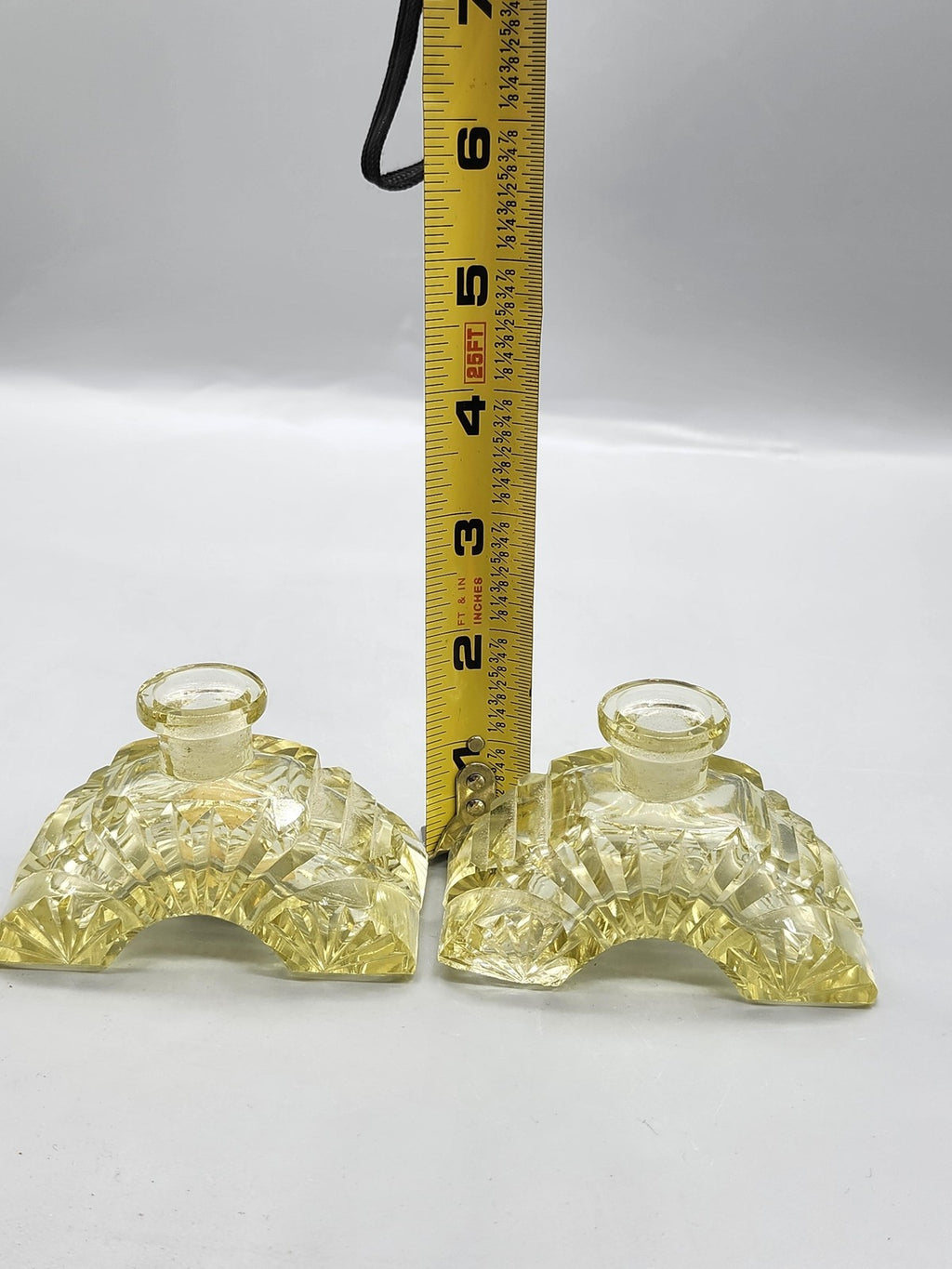 Morlee Crystal Candle Holder Pair Small Yellow Half Moon Art Deco Decor