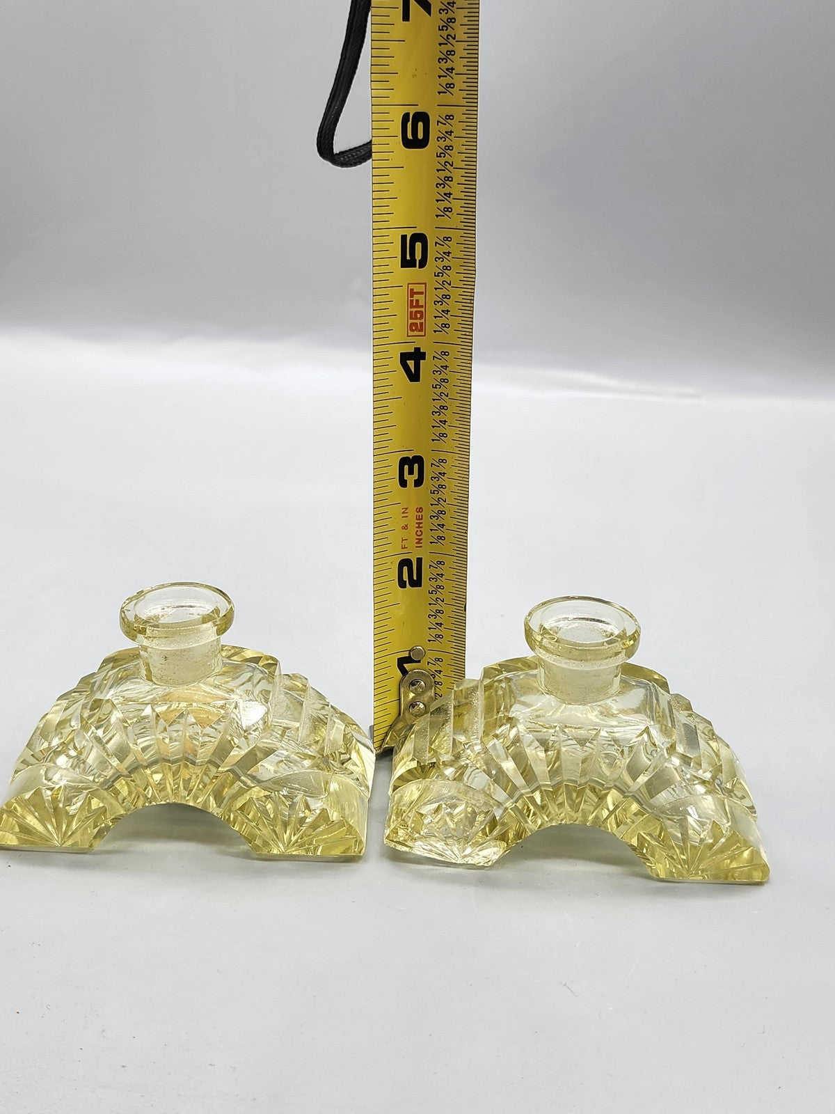 Morlee Crystal Candle Holder Pair Small Yellow Half Moon Art Deco Decor