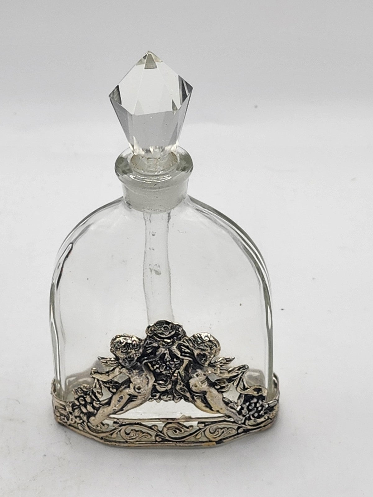 Vintage DeVilbiss Perfume Bottle Cherub Metal Base Clear Stopper Vanity Decor
