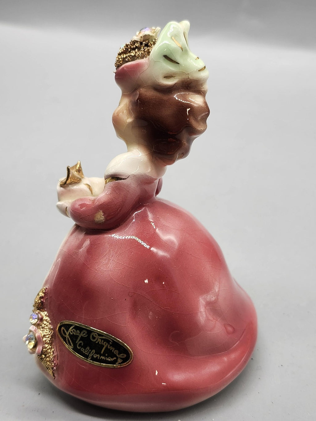 Vintage Josef Originals Little Gift Girl Figurine Pink Green Ceramic Rhinestone