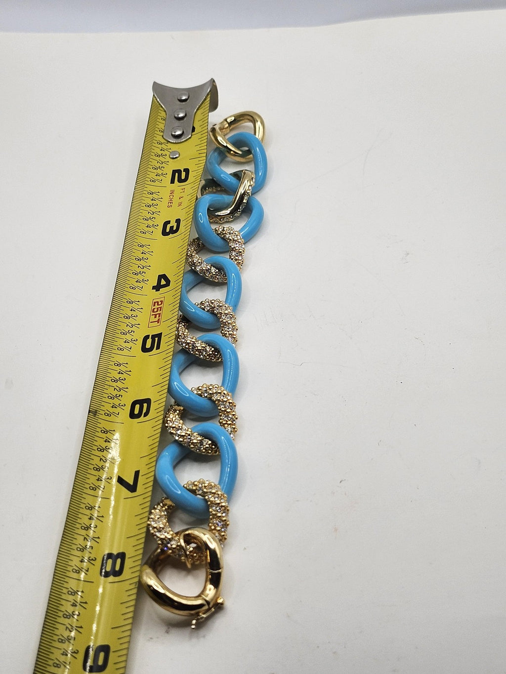 Blue Gold Tone Chain Bracelet Snake Link Rhinestone Magnetic 7.5 Inch Statement