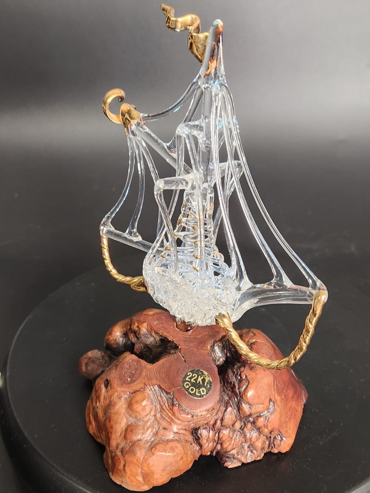 Vintage Hand Blown Art Glass Sailboat Sculpture 22KT Gold Burl Wood Base MCM