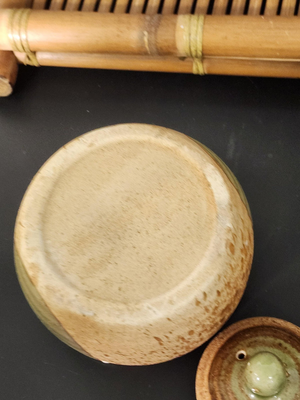 Stoneware Japanese Tea Set Brown Green Glaze Bamboo Tray Small Table Decor