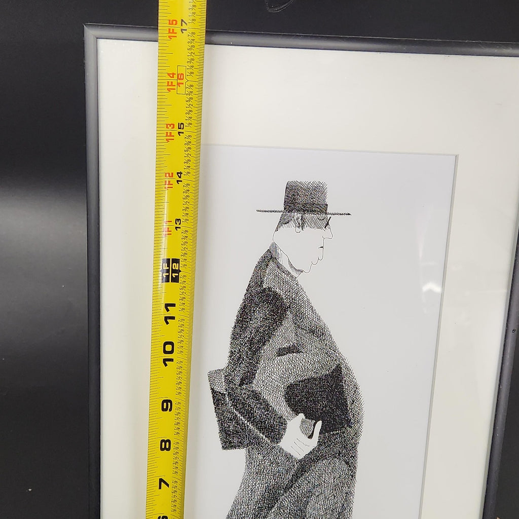 Signed Man In Hat Ink Portrait Drawing Medium Framed Black White Illustration
