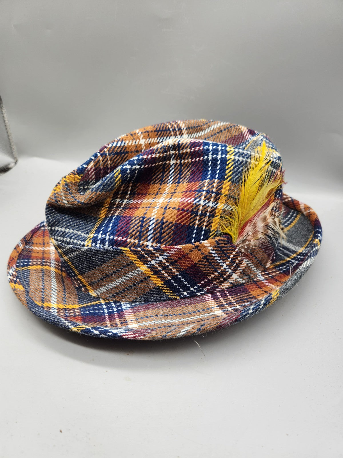 Vintage Plaid Fedora Hat Size 7 1/8 Brown Blue Yellow Tartan Trilby Style