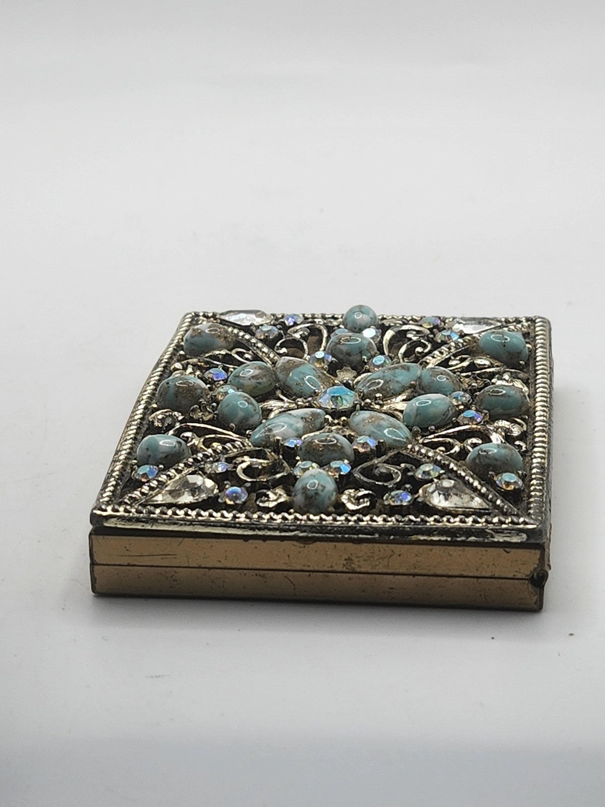 Vintage S F Co 5th Avenue Jeweled Powder Compact Turquoise Rhinestones Metal