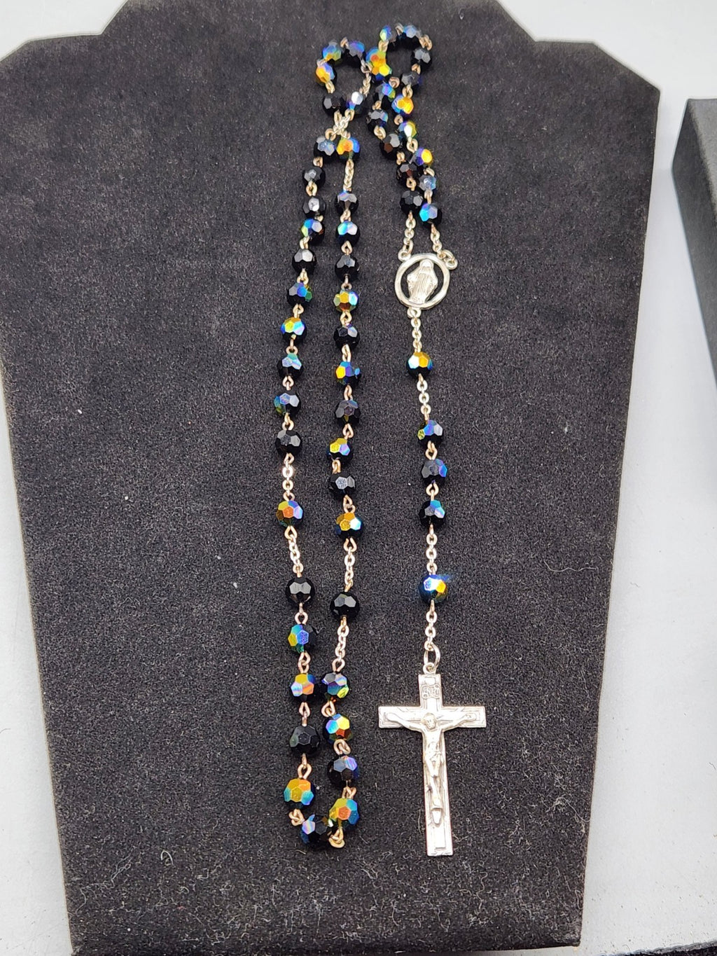 Vintage 925 Sterling Silver Miraculous Medal Rosary Black Aurora Borealis...