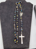 Vintage 925 Sterling Silver Miraculous Medal Rosary Black Aurora Borealis...