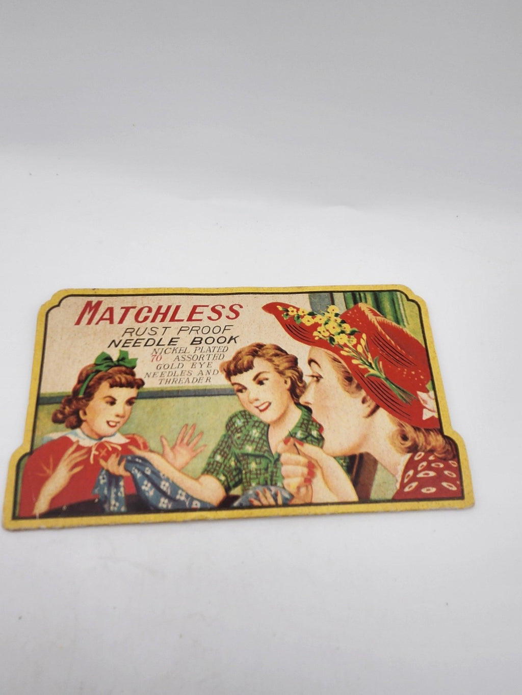 Vintage Matchless Rust Proof Needle Book 70 Gold Eye Sewing Needles Paper Case